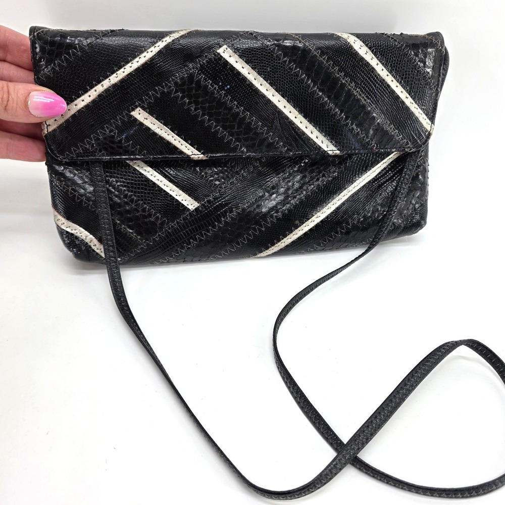 Vintage David Mehler Dame Shoulder Bag Snakeskin Patchwork Black Clutch 80s‎ Art